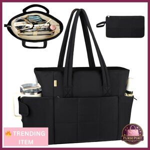 Lightweight Puffer Tote Bag with 15.6 Inch Laptop Compartment and Cup Holder